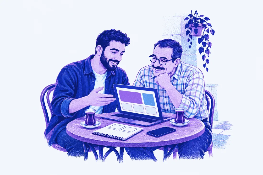 رسم توضيحي لشاب بيعرض ديمو على اللابتوب لصاحب محل على قهوة